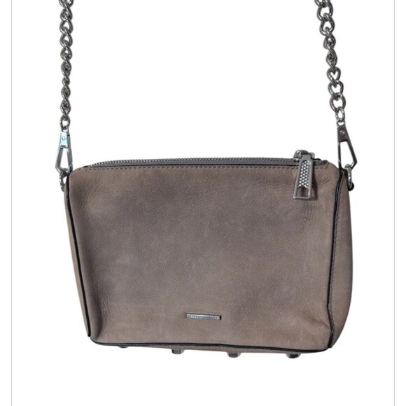 Rebecca Minkoff Avery Gray Tan Leather Suede Zip Crossbody Shoulder Bag Clutch - Picture 1 of 6